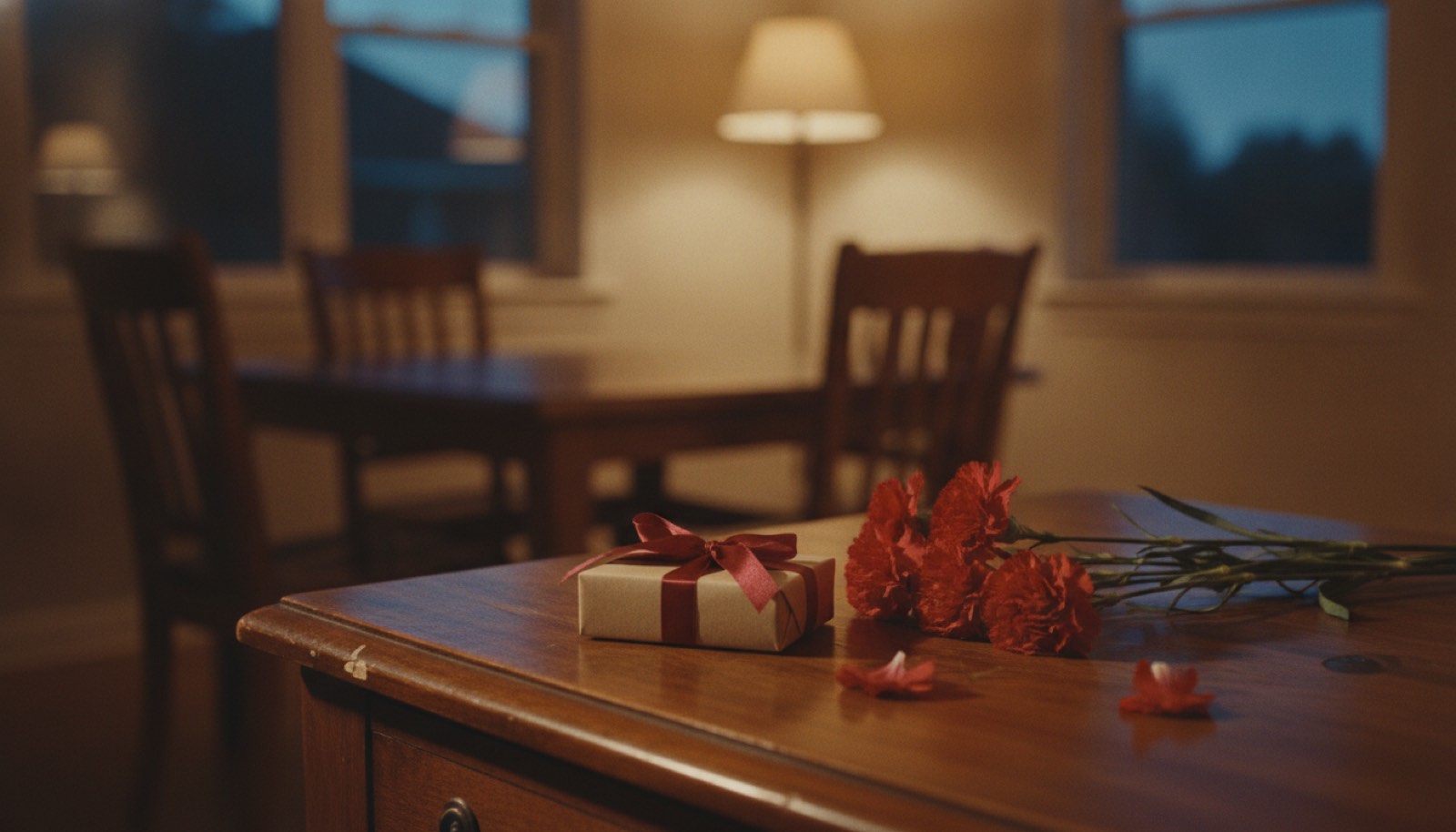 A small ribboned box and a loose bunch of red carnations on a kitchen counter beside a set of car keys