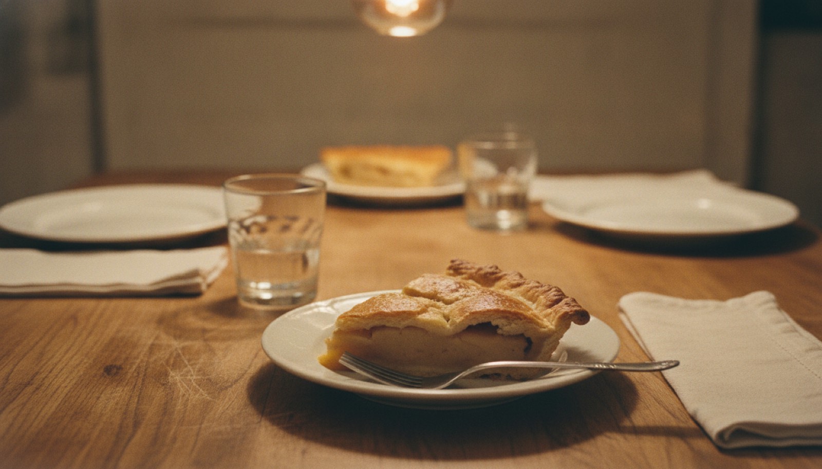 A slice of pie on a small plate sitting in front of an empty dinner plate at a table set for two under a warm kitchen light
