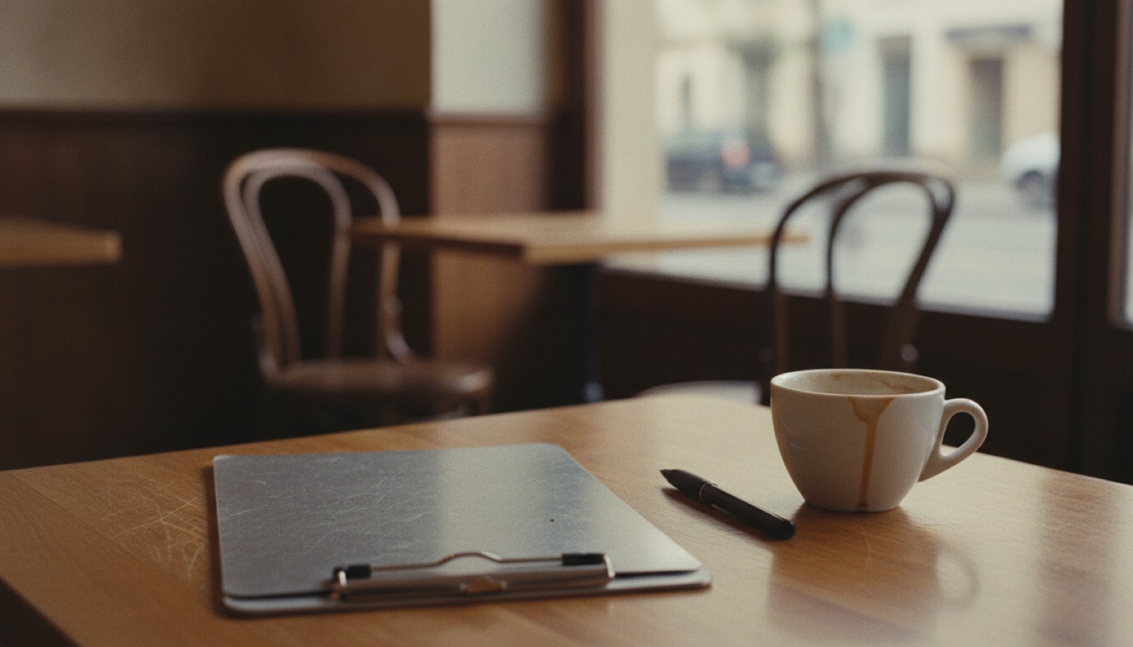 A clipboard, a pen and a coffee cup on a cafe table beside an empty chair in afternoon light