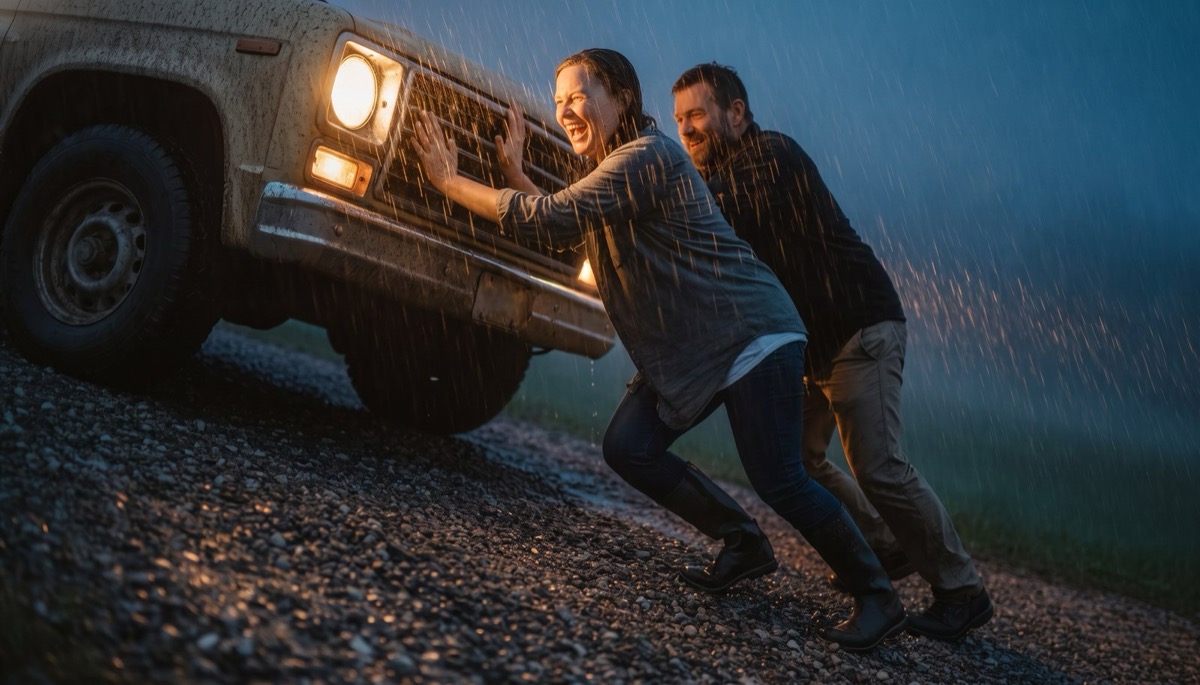 Two pairs of mud-caked walking boots, one large and one smaller, side by side on the dropped tailgate of an old pickup truck at sunrise