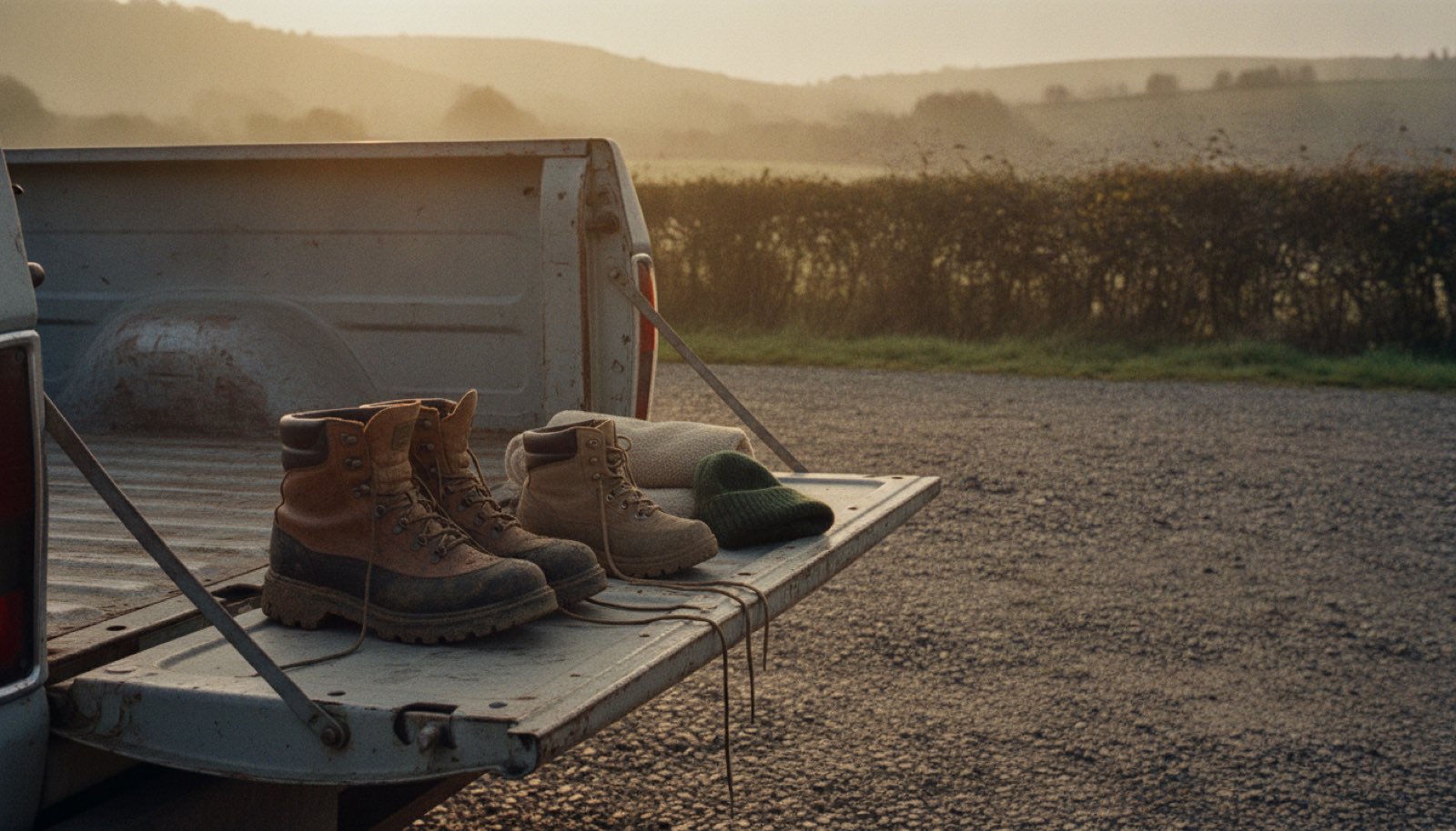 Two pairs of mud-caked walking boots, one large and one smaller, side by side on the dropped tailgate of an old pickup truck at sunrise