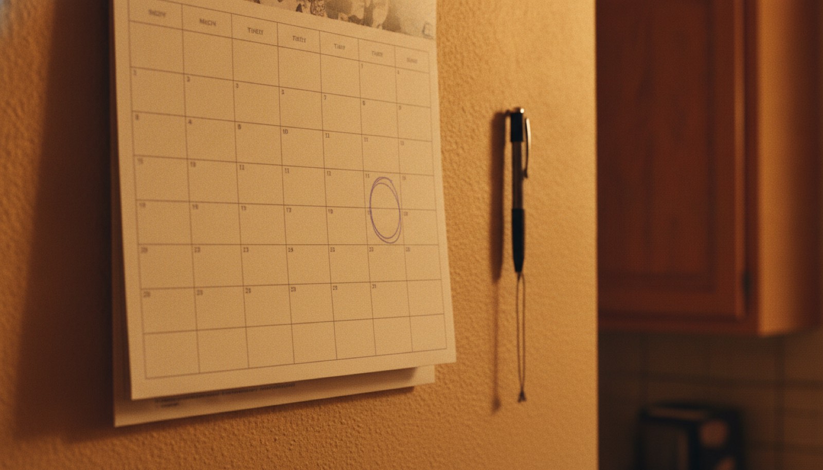 A wall calendar in a kitchen with one square marked and a pen hanging beside it