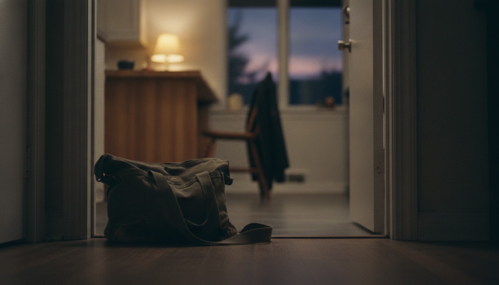 A kitchen doorway at dusk with a bag set down on the floor and one lamp lit further inside