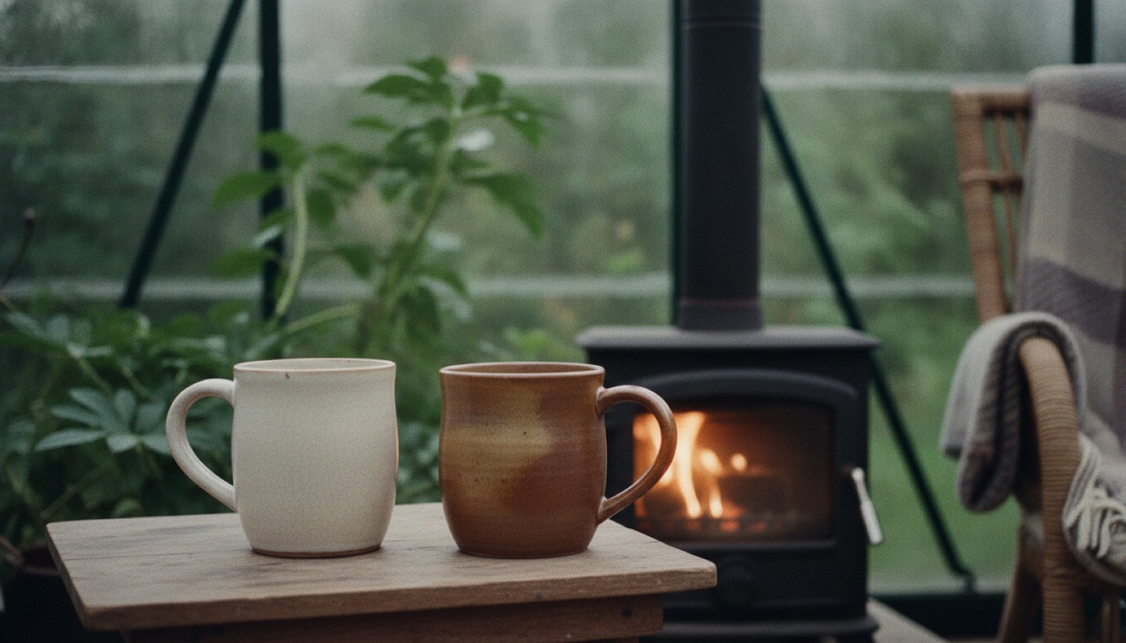 Two mugs on a wooden side table beside a wood stove with early light coming through a greenhouse window