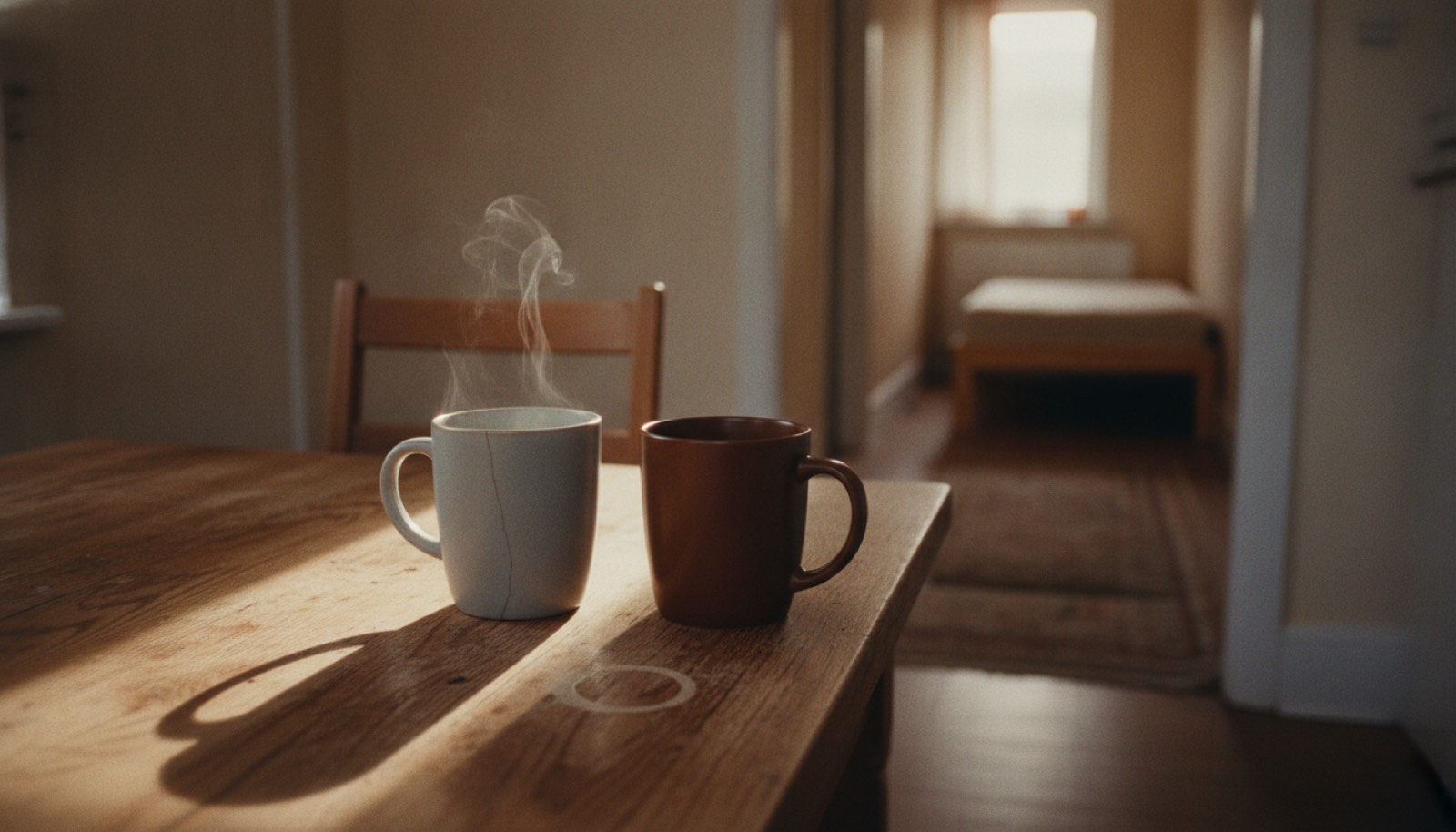 Two ceramic coffee mugs on a worn wooden kitchen table in early morning light, with the rest of the house empty behind them