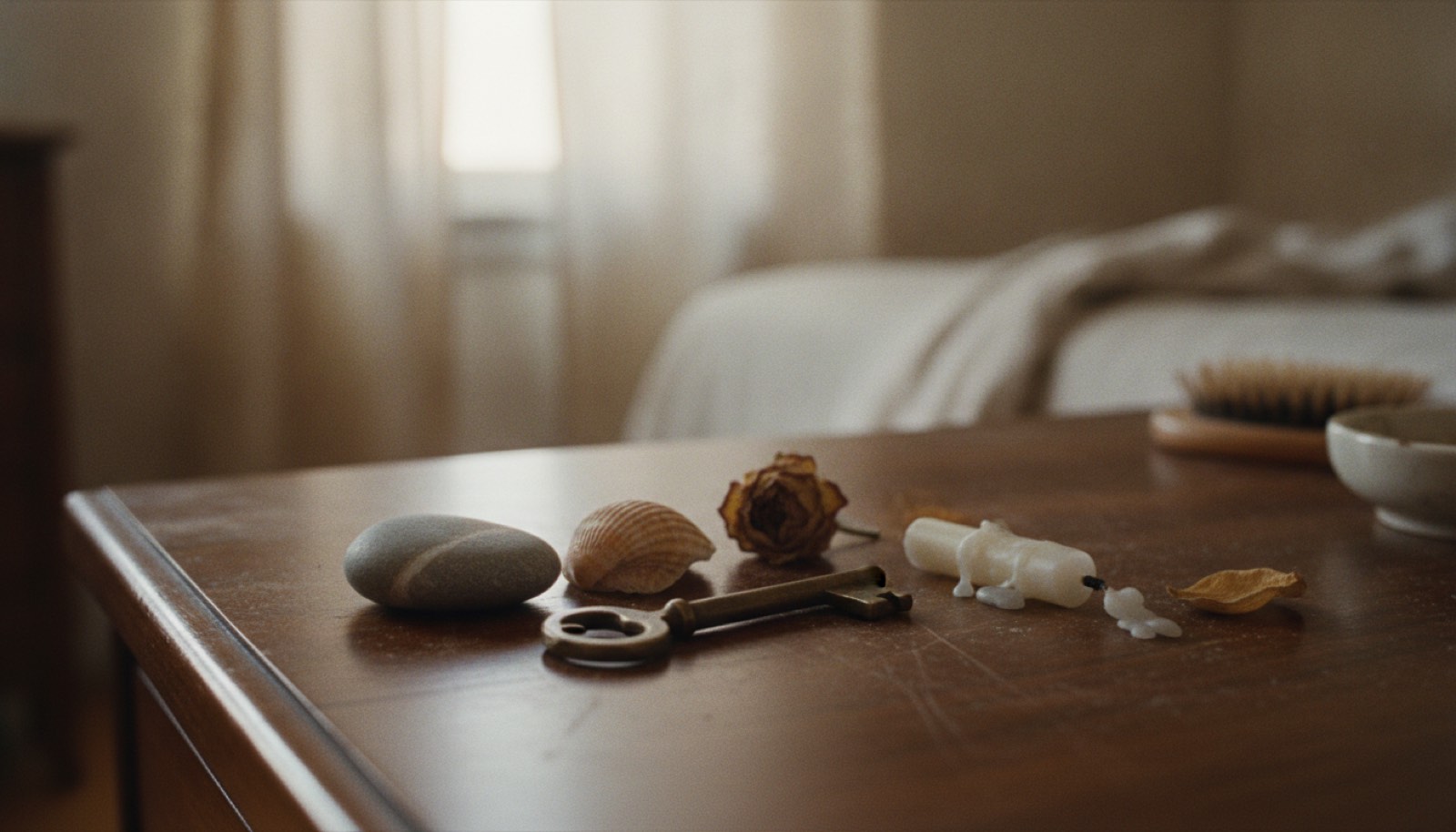 A pebble, a seashell, a dried rose, a brass key and a burnt-out candle gathered on a scratched bedroom dresser in bright daylight