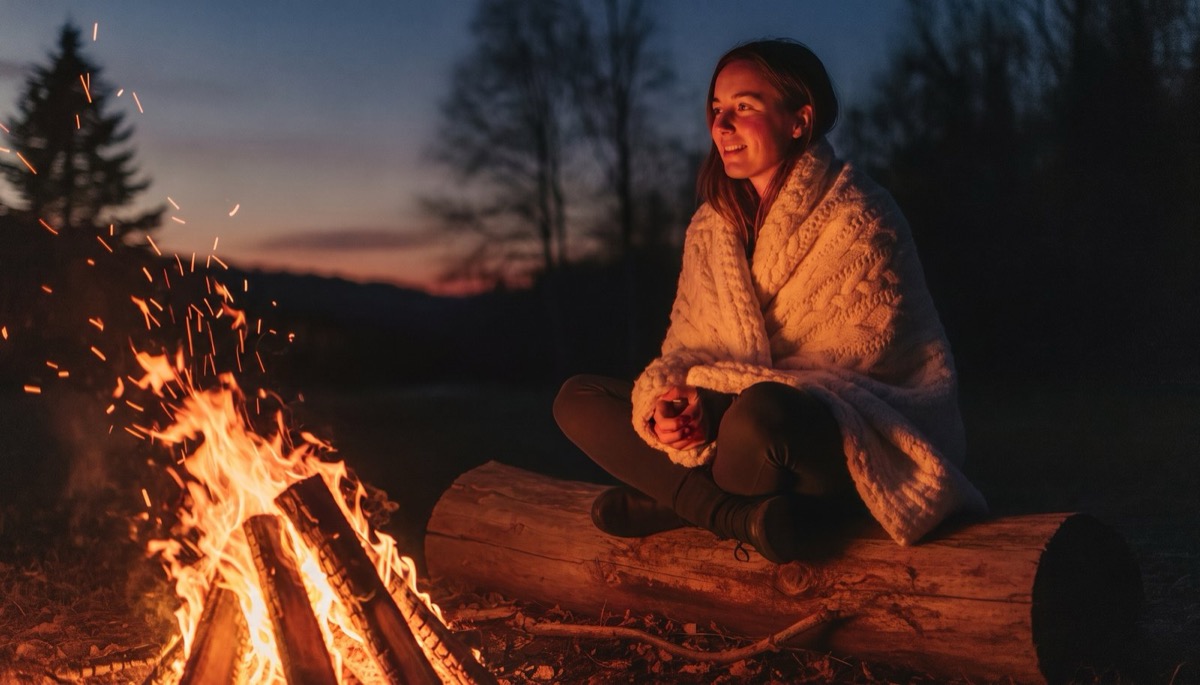 Two mugs of cider and a folded wool blanket on a wooden porch step with fallen leaves across the boards