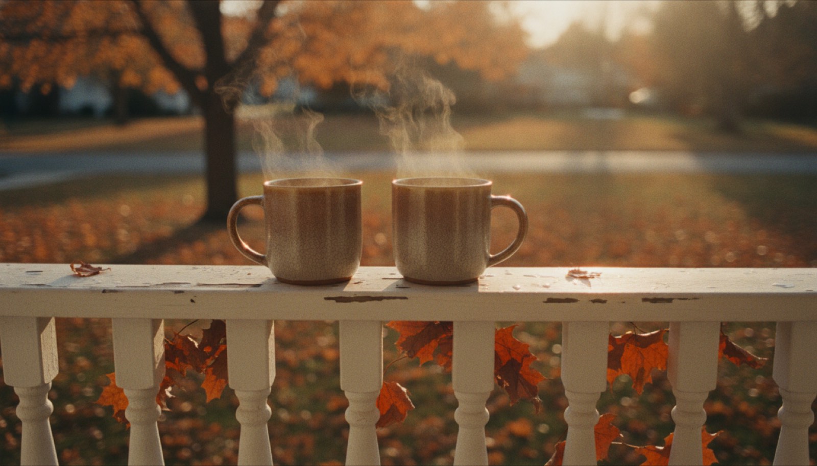 Two mugs of cider and a folded wool blanket on a wooden porch step with fallen leaves across the boards