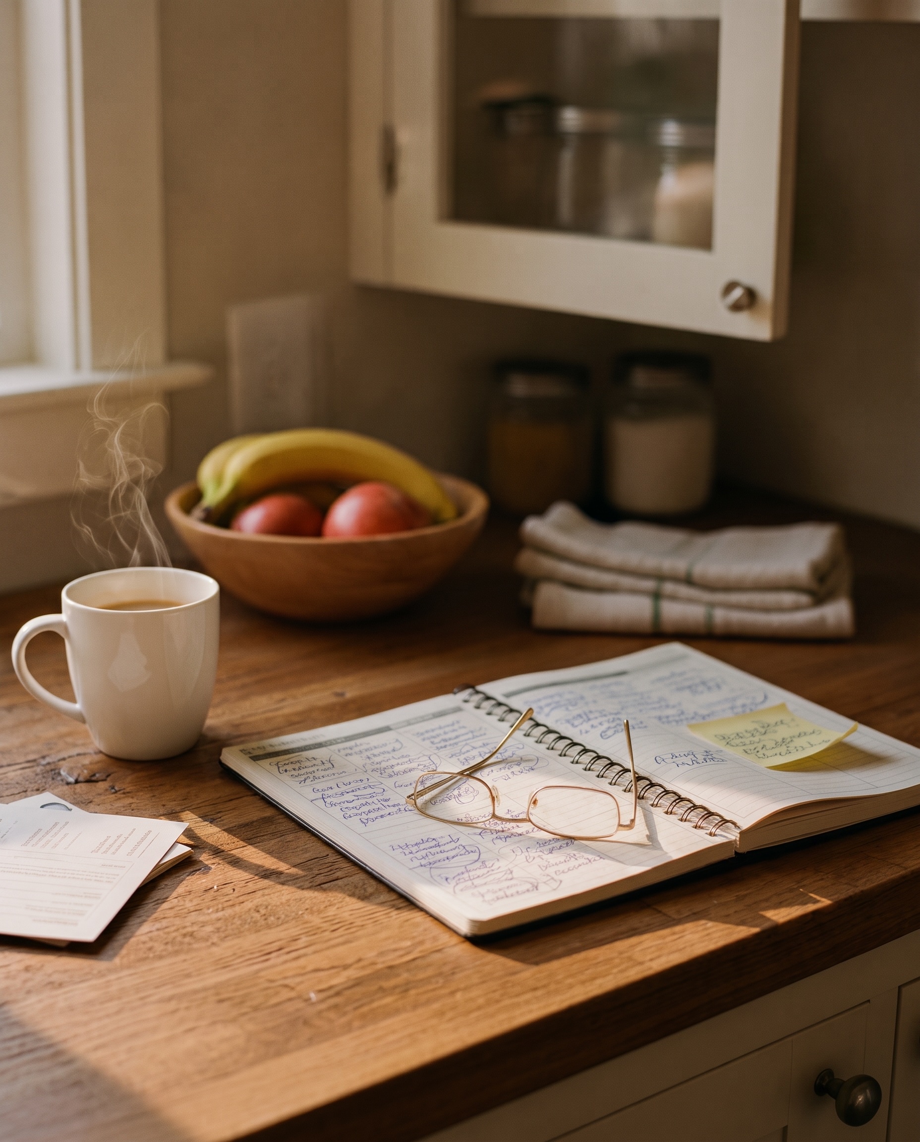 A family kitchen counter with a weekly meal plan notebook, a grocery list, and dinner ingredients laid out for the week.