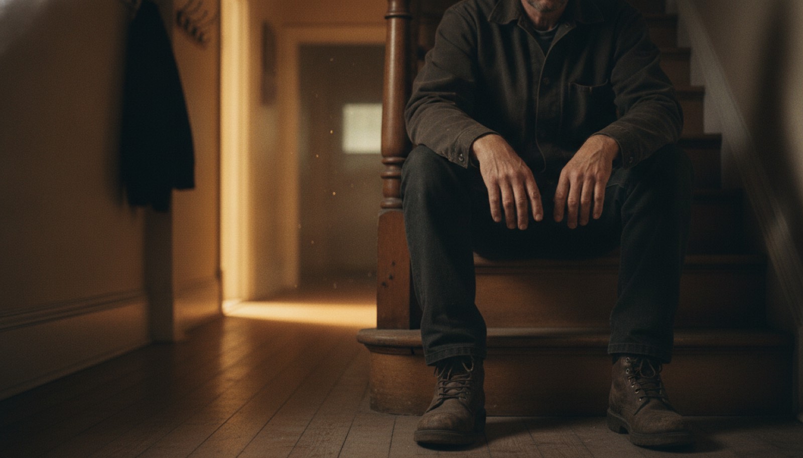 A man still in his work jacket and boots sitting on the bottom stair of a wooden staircase with his hands loose between his knees, head out of frame, warm light spilling from a doorway down the hall