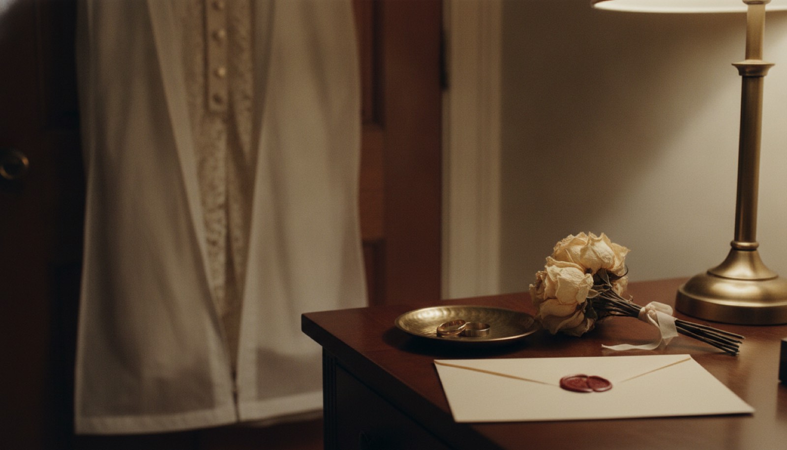 A white garment bag hanging unzipped on a bedroom door beside a dresser holding two wedding bands in a brass dish, a dried bouquet and a wax-sealed envelope