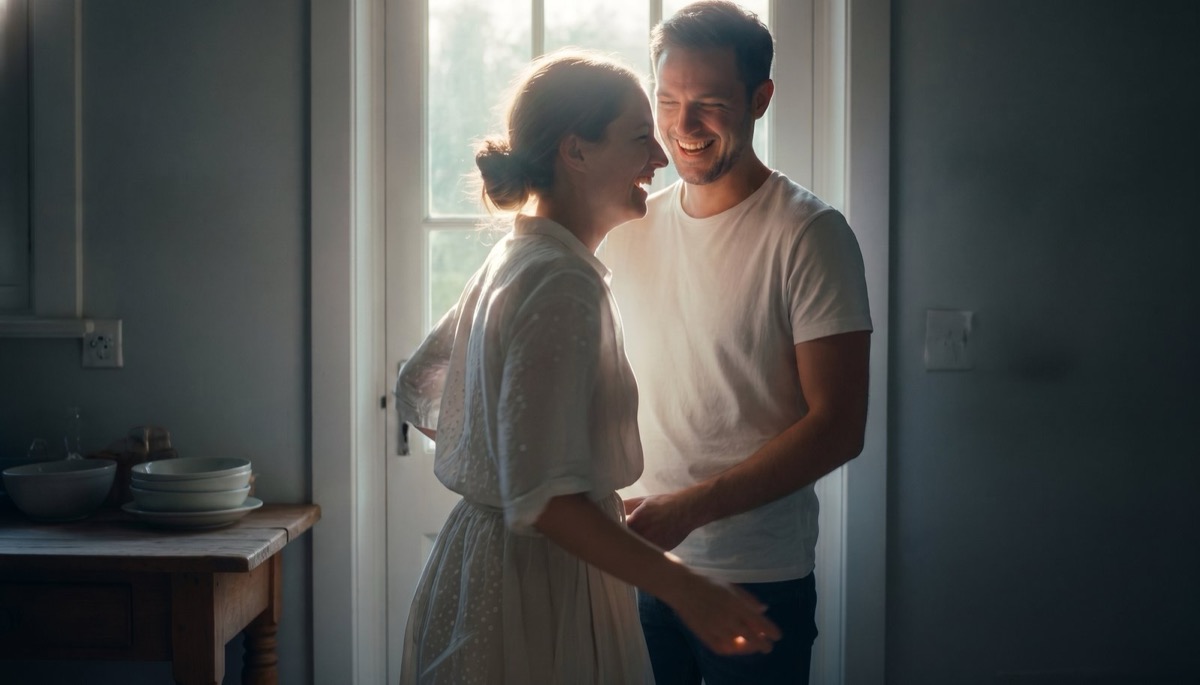 A man's hand resting flat on a kitchen doorframe before he walks in, the counter and a half-full mug soft behind him in warm evening light