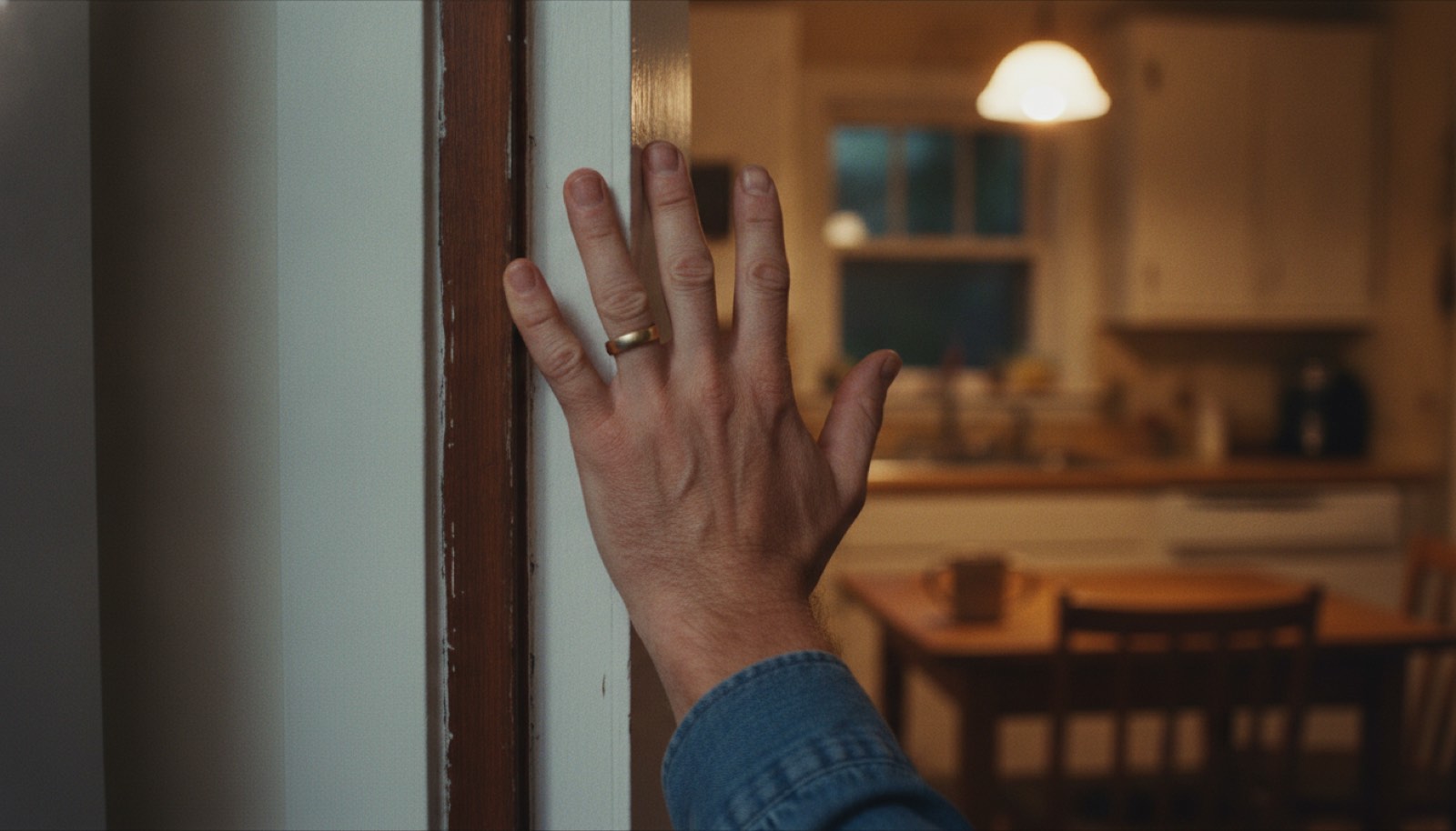 A man's hand resting flat on a kitchen doorframe before he walks in, the counter and a half-full mug soft behind him in warm evening light