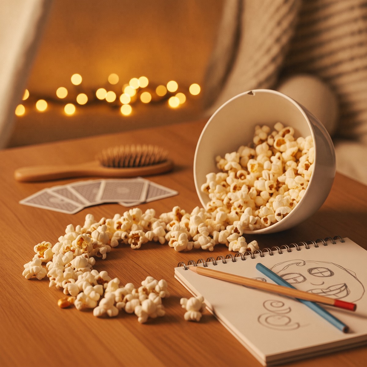 A tipped popcorn bowl spilling across a wood coffee table beside a sketchpad with a goofy half-drawn face, two pencils, playing cards and warm fairy lights, set up for a fun date night at home.
