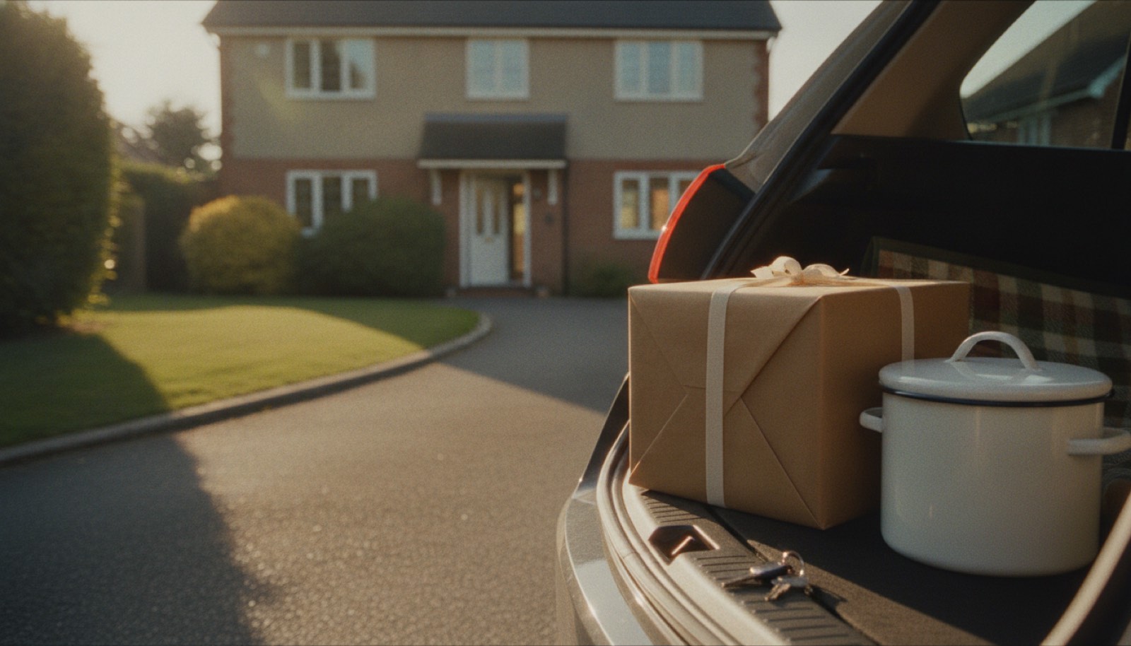 The open trunk of a car in a driveway in late afternoon, a plainly wrapped gift box, an enamel cake pot and a folded rug inside, the front door of the house standing open beyond