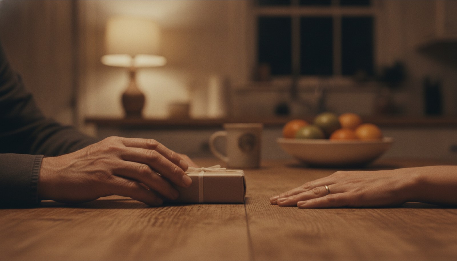 A man's hand pushing a small plainly wrapped box across a wooden table toward a woman's hand, which rests flat and still a few inches short of it
