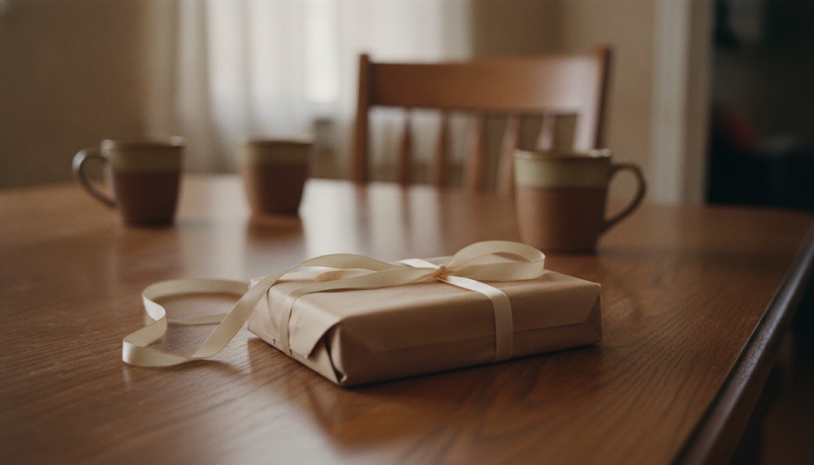 A small wrapped gift with a loose ribbon sitting on a kitchen table beside two half-full coffee mugs in morning light
