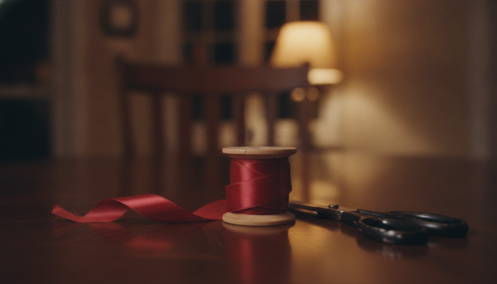 A spool of red ribbon still in its paper band beside a pair of scissors on a dining table under a warm evening lamp