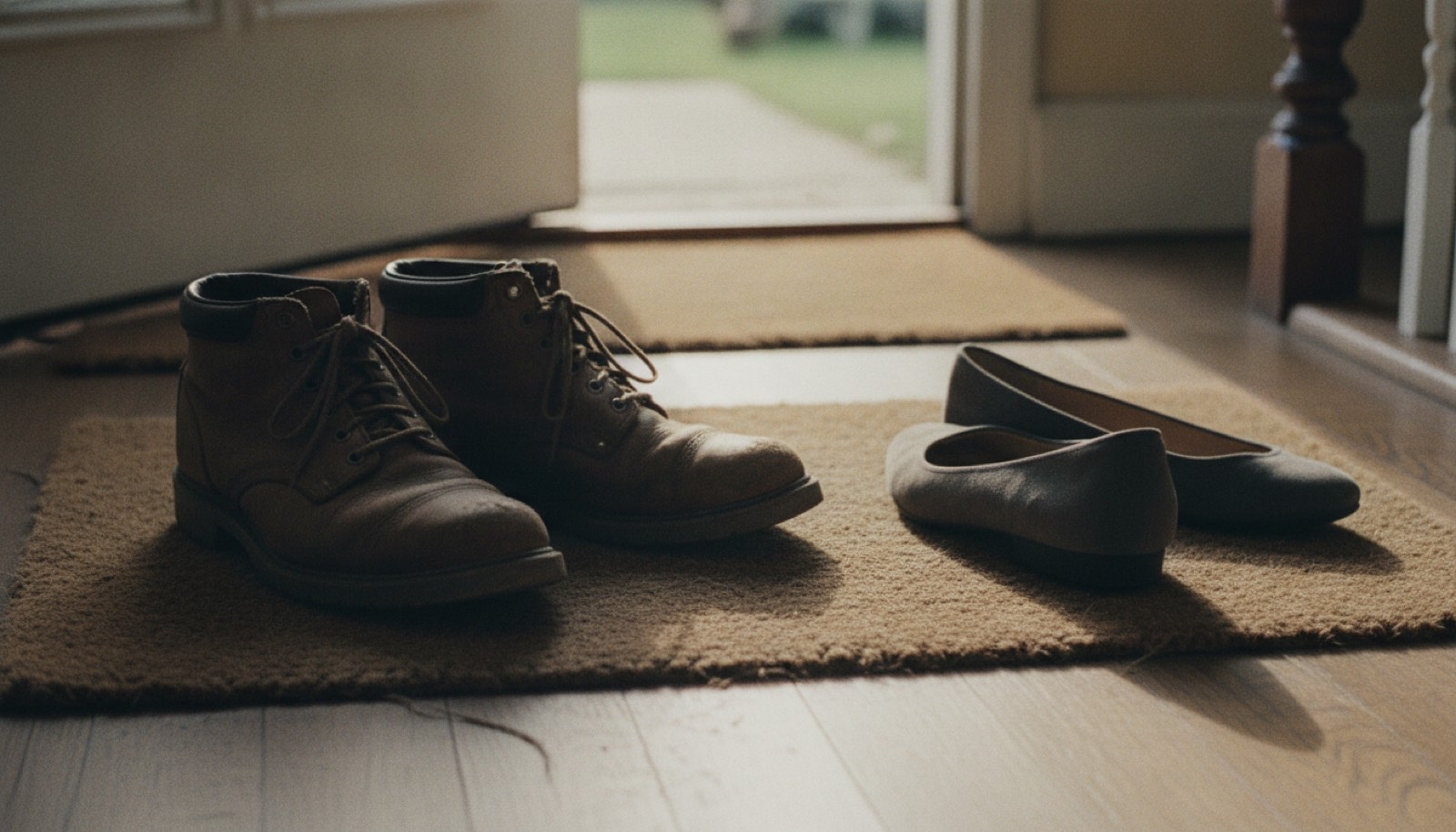 Two pairs of shoes by a front door pointing in opposite directions on a worn mat
