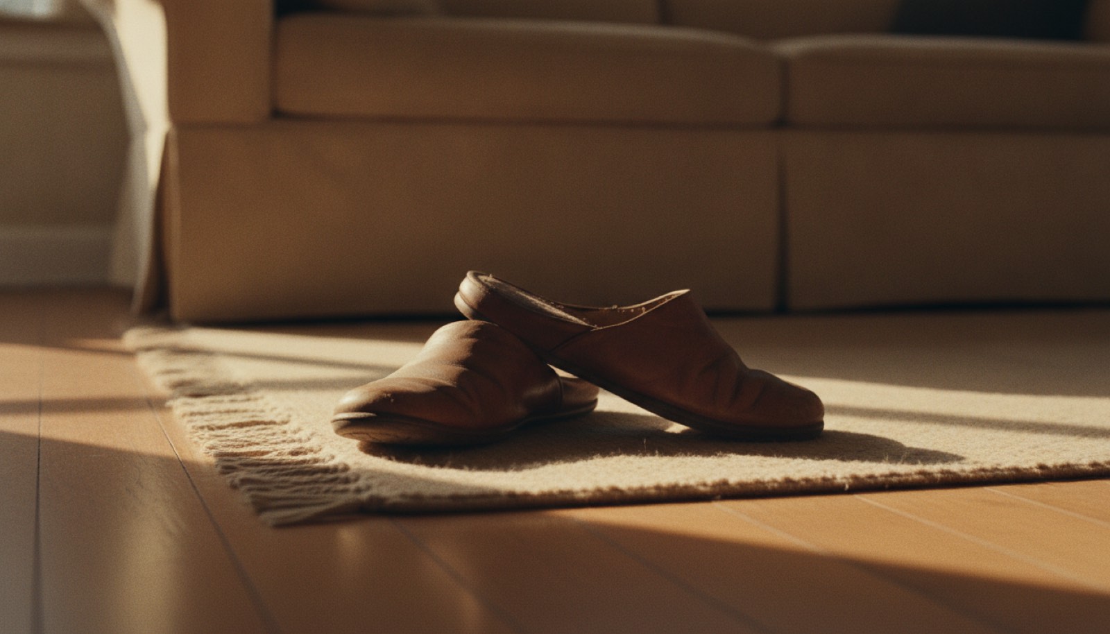 A pair of worn brown leather house slippers left askew at the edge of a living room rug beside a low couch, with a stripe of low late afternoon sun across the floorboards