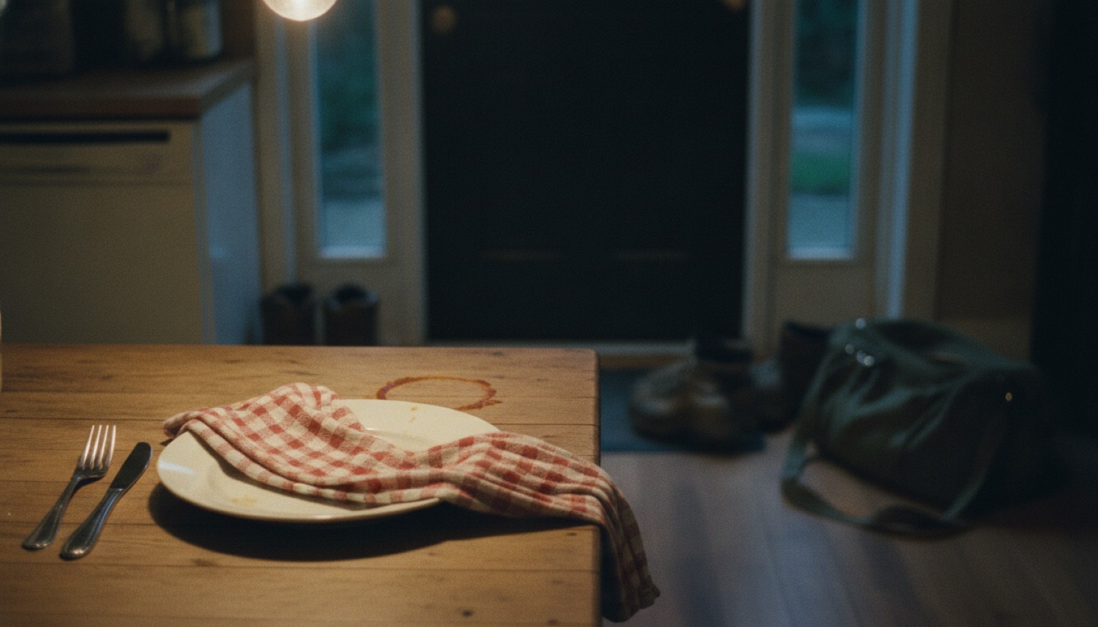 A dinner plate covered with a folded dish towel on a kitchen table after dark, with muddy boots and a canvas duffel by the back door behind it