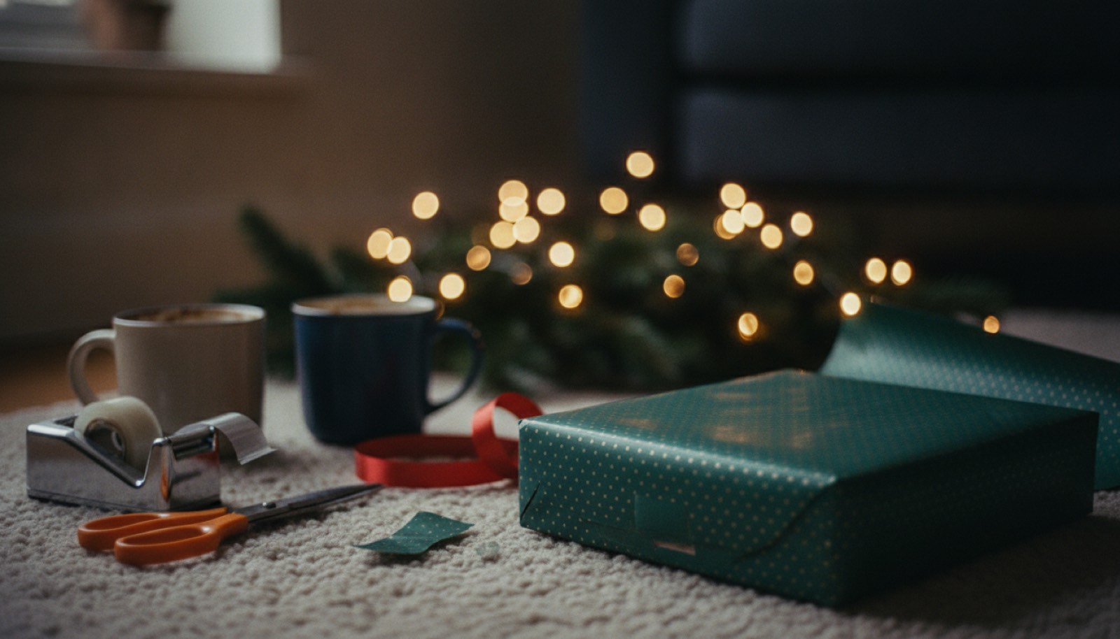 A half-wrapped gift, scissors and two mugs on a living room floor at night with holiday string lights glowing softly behind