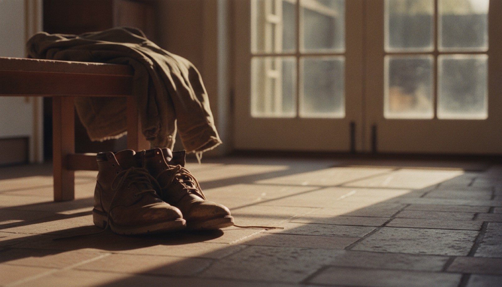 A man's work boots and a folded jacket by a back door with morning light across the tiles