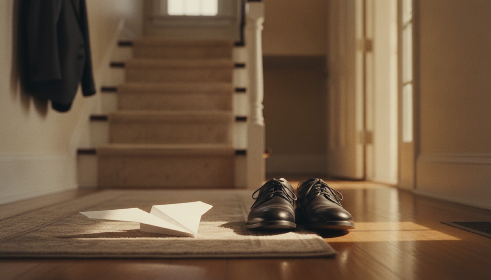 A paper glider landed on a hallway runner beside a neatly placed pair of polished black work shoes, with morning sun falling across the floor at the foot of the stairs