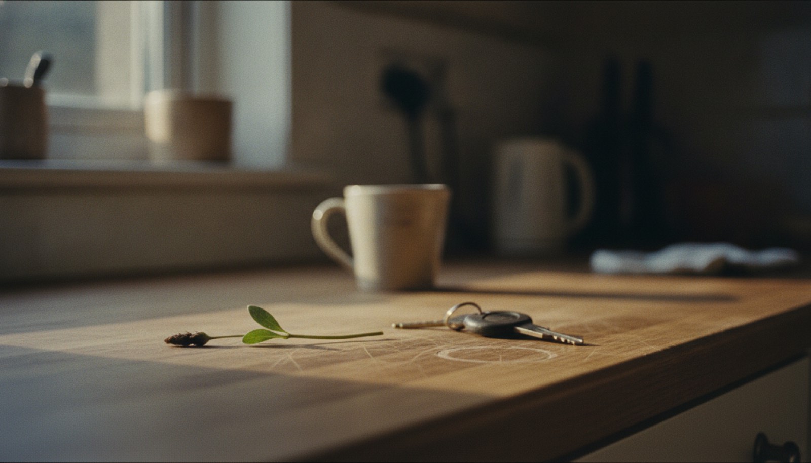 A single wildflower stem laid on a kitchen counter beside a pair of car keys in morning light