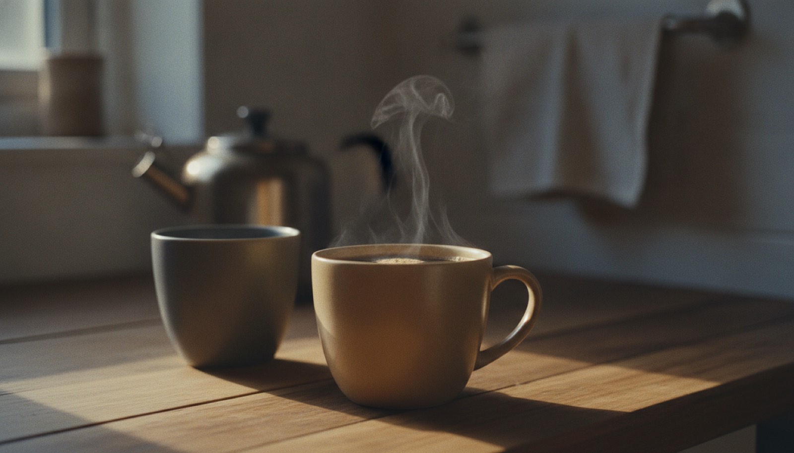 Two mugs on a kitchen counter in early morning light with one of them still steaming