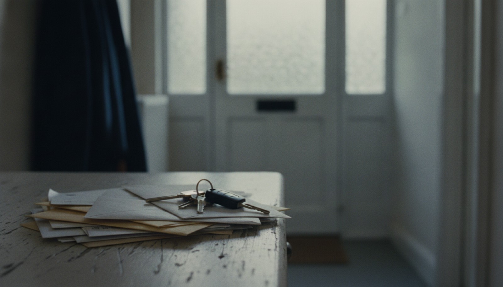A stack of unopened mail and a set of keys on a hall table in flat afternoon light