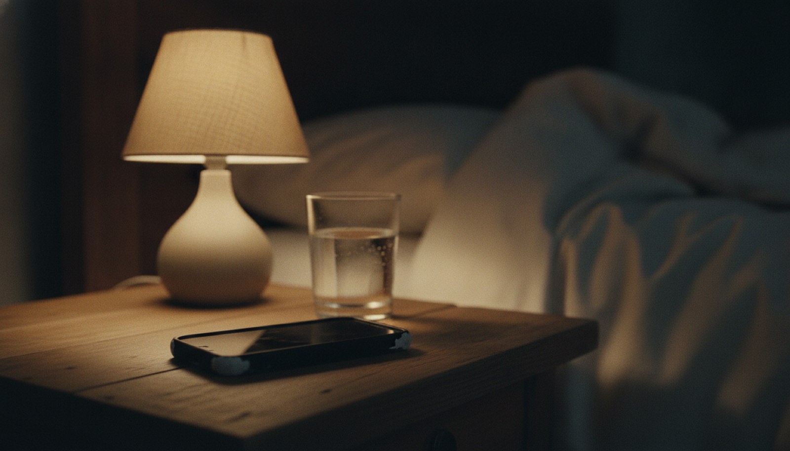 A phone face down on a bedside table beside a lamp and a glass of water at night