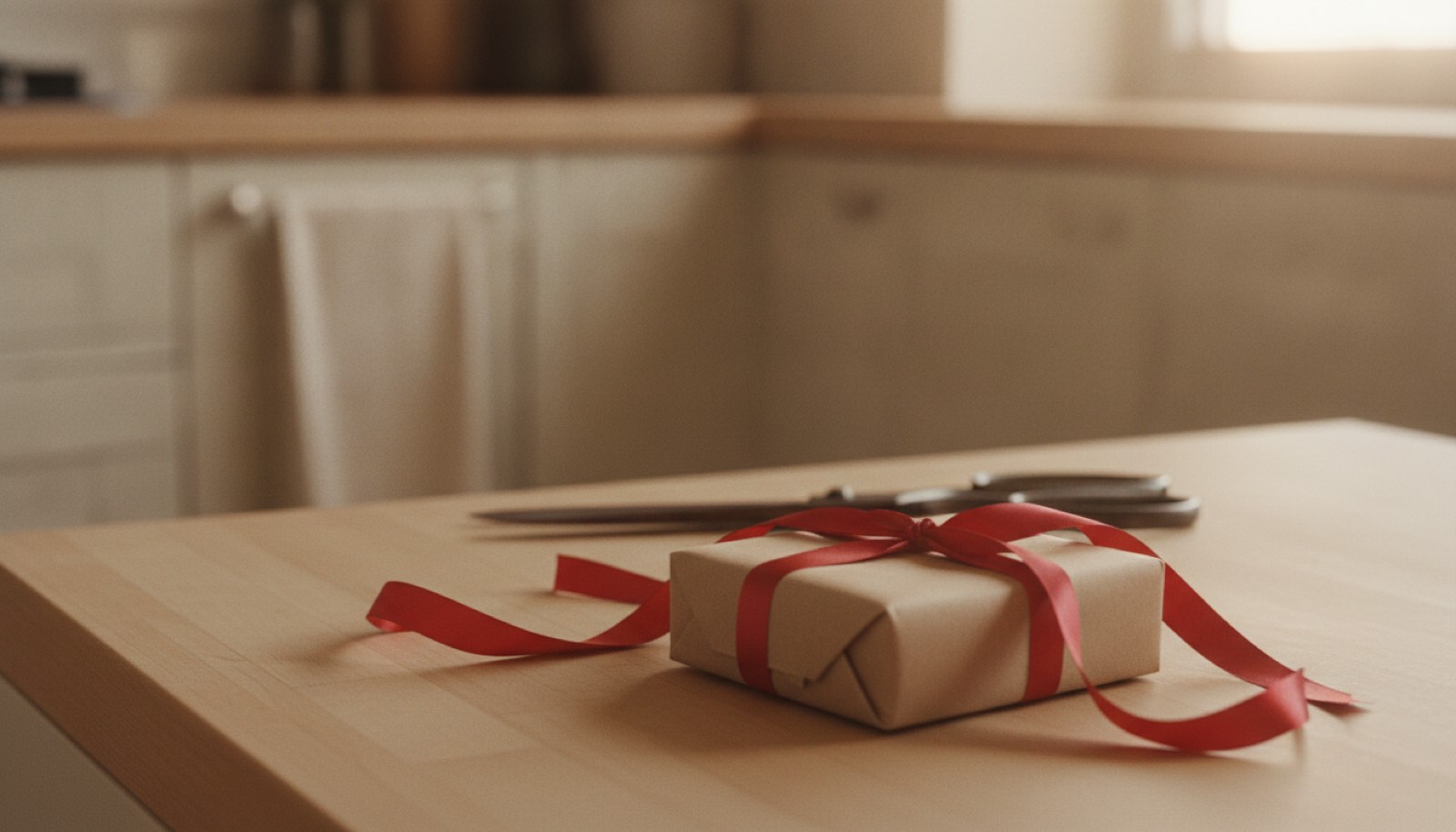 A small kraft-paper package with a half-tied red ribbon on a kitchen counter beside a pair of scissors in warm morning light