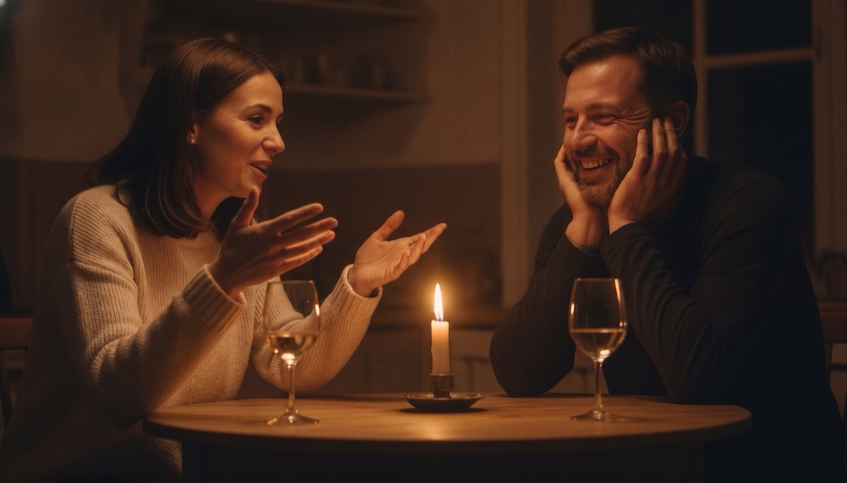 A man standing at a kitchen sink turned fully toward his wife with his wet hands hanging open and still, the pan left in the basin and a phone lying face down along the counter