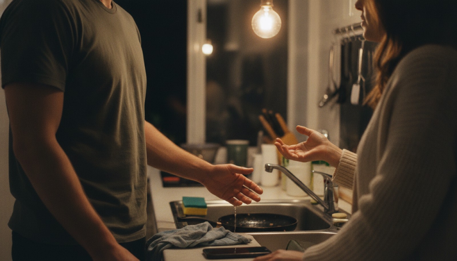 A man standing at a kitchen sink turned fully toward his wife with his wet hands hanging open and still, the pan left in the basin and a phone lying face down along the counter