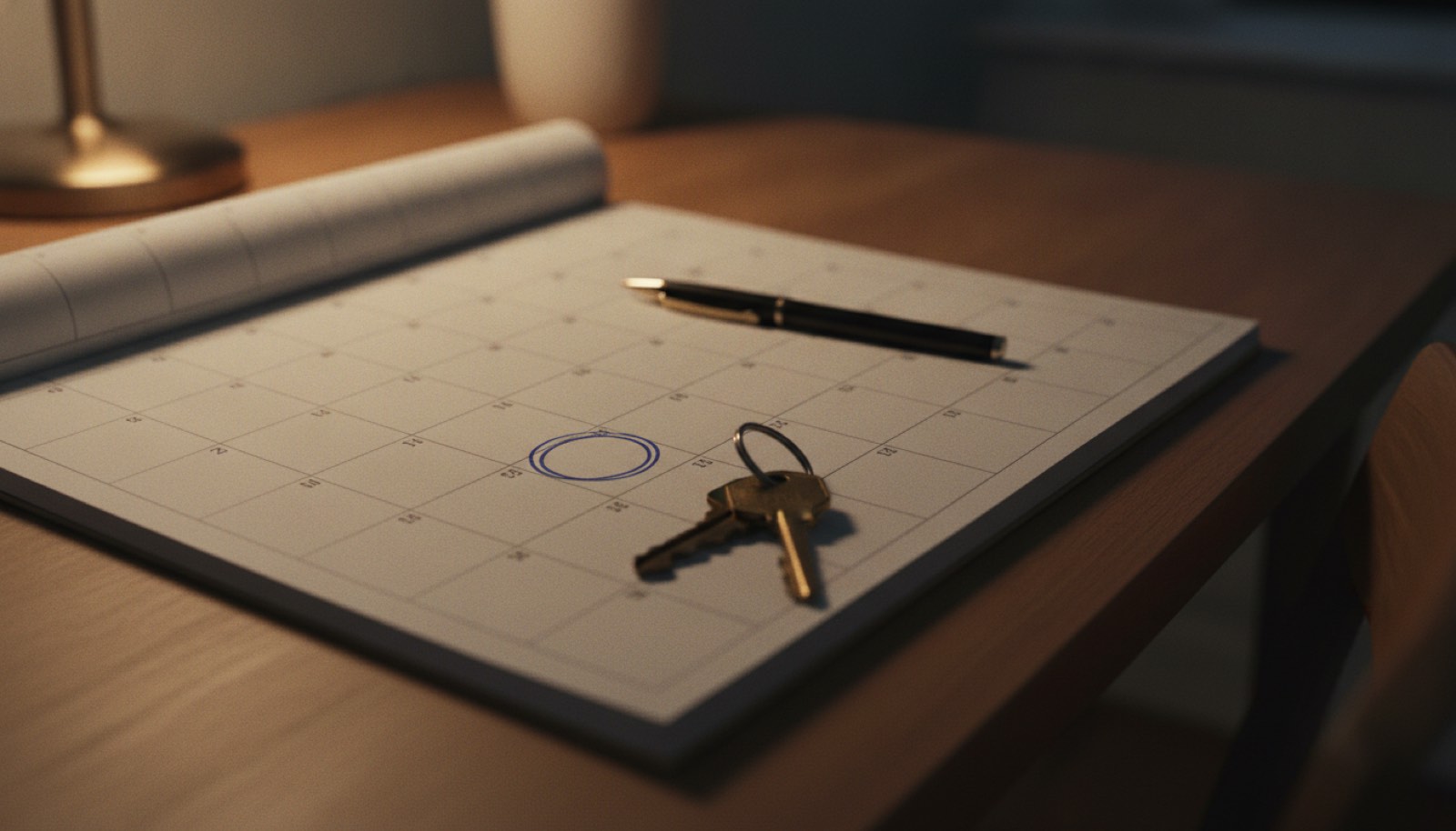 A month view desk calendar with one square circled in pen and a set of keys resting on the corner