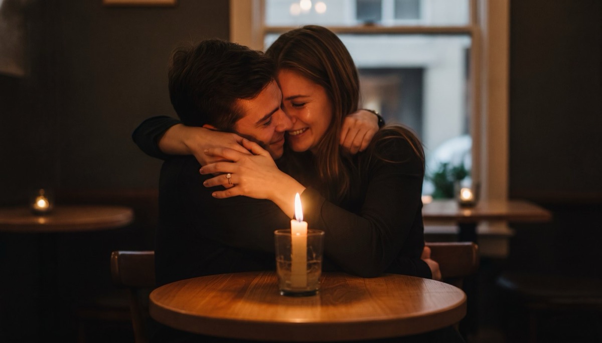 A closed ring box sitting on a kitchen table beside a man's hands under warm evening lamplight