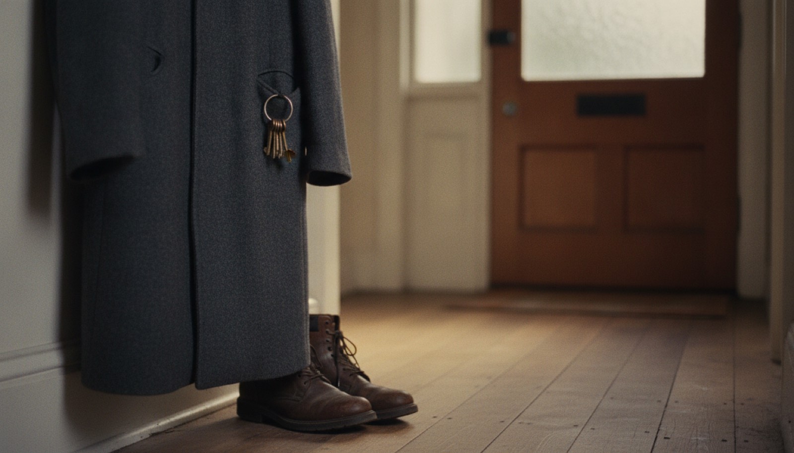 A man's coat hanging on a hook by a front door with a set of keys in the pocket and evening light on the floorboards