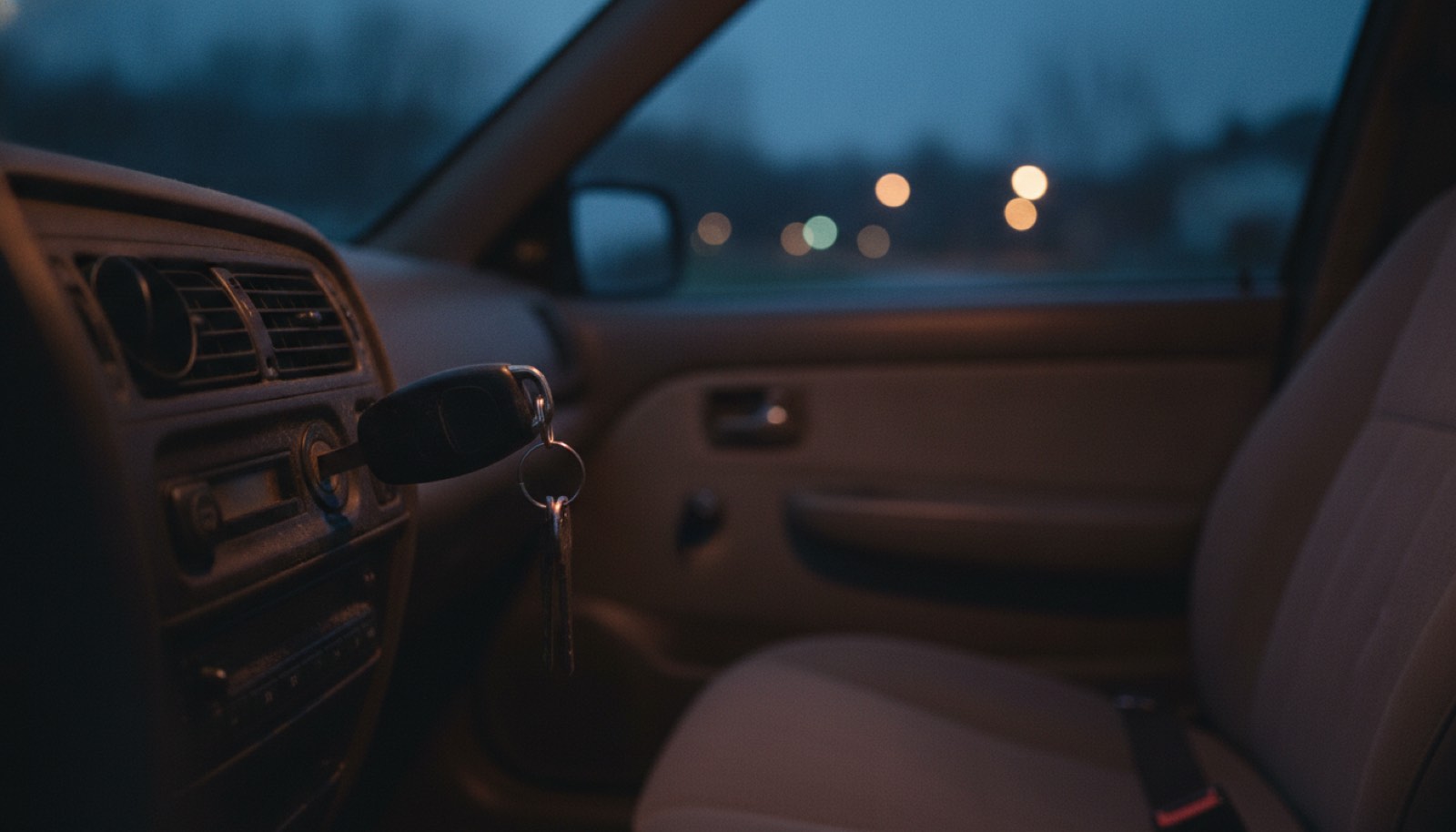 A car dashboard at dusk with a set of keys in the ignition and an empty passenger seat beside it