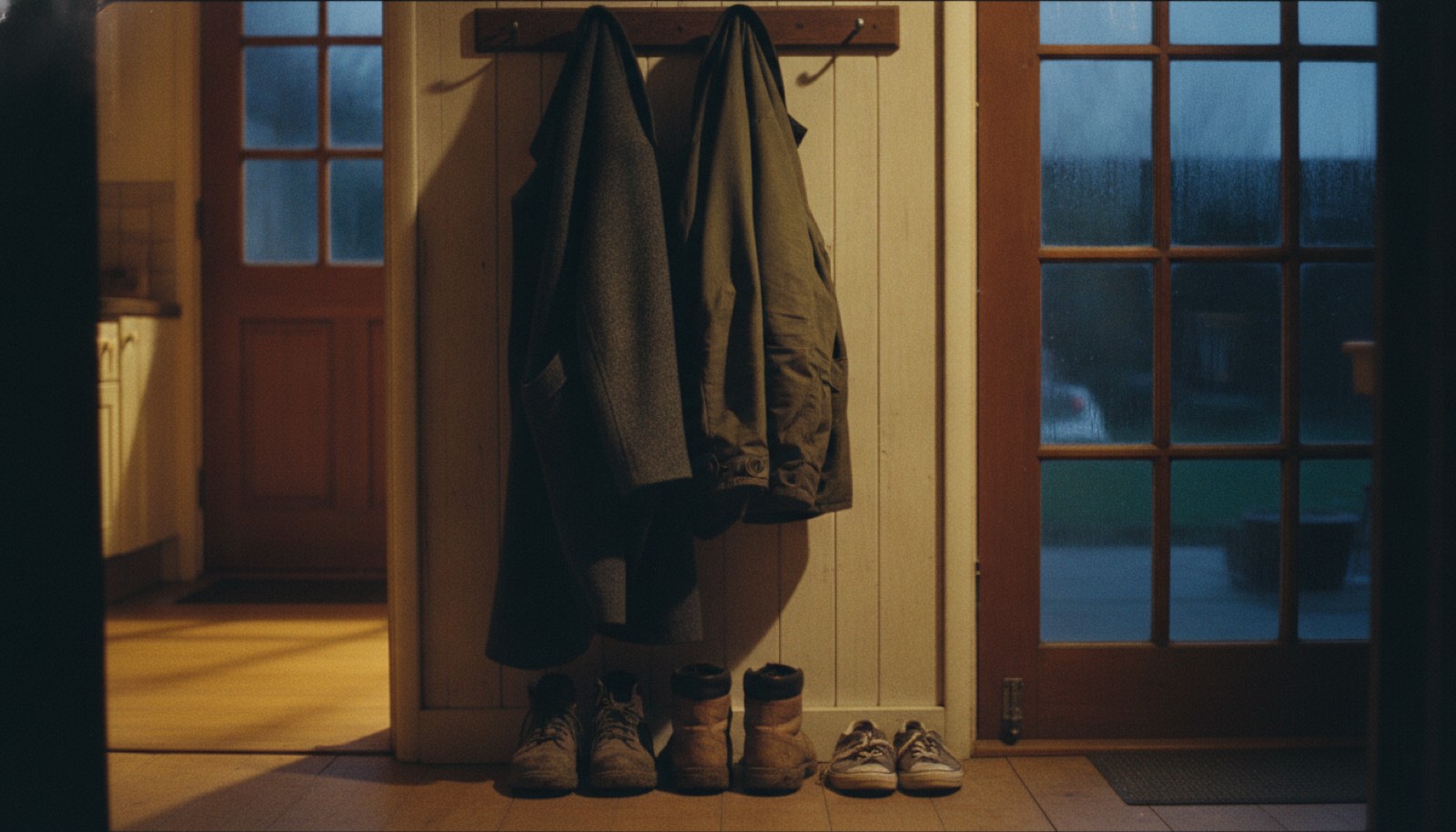 Two coats on hooks by a back door with boots below and warm light from the kitchen behind