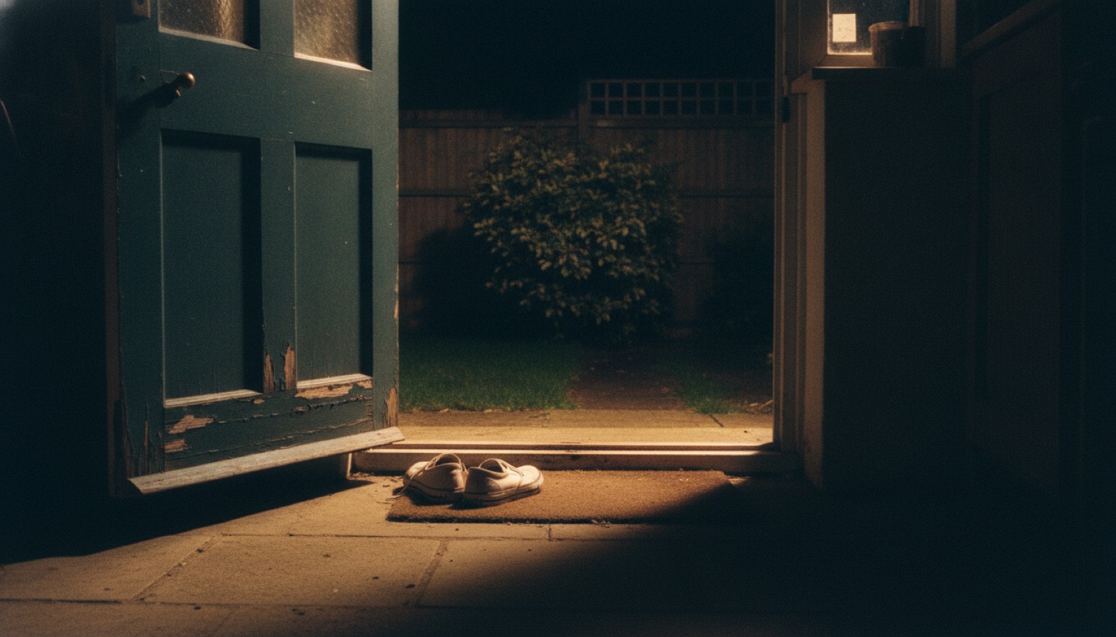 A back door standing open onto a dark garden with warm kitchen light spilling across the step
