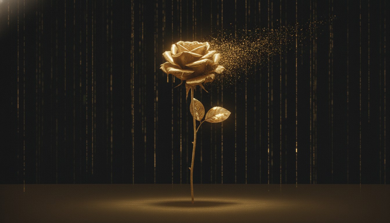 A gold spray-painted rose standing in falling gold flecks