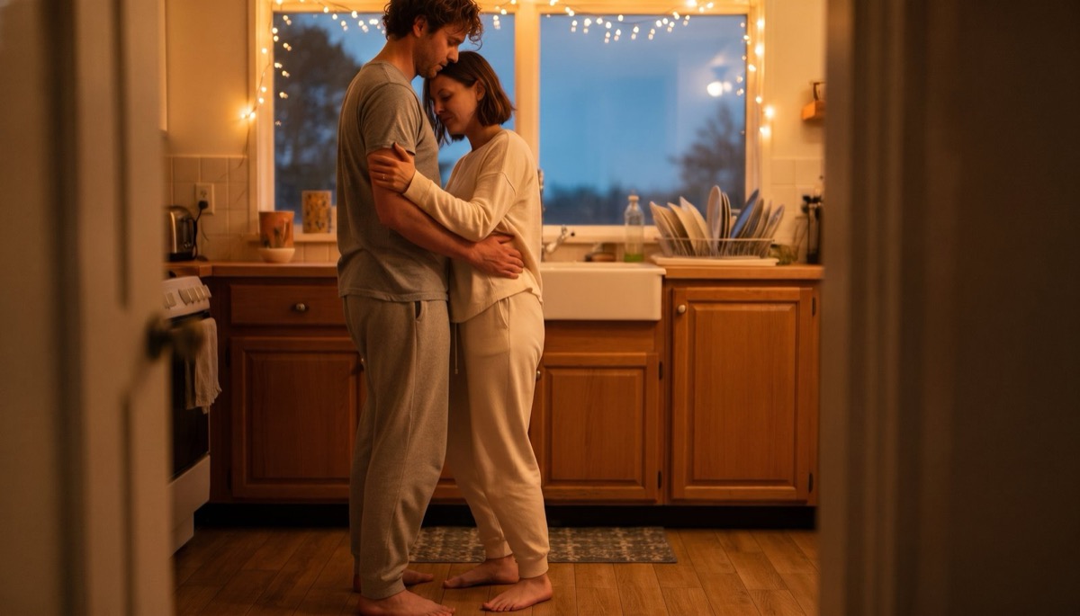A man's hand resting flat on his wife's back just below her shoulder blade as the two of them stand close together in a warm kitchen