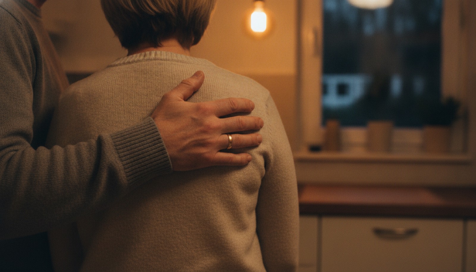 A man's hand resting flat on his wife's back just below her shoulder blade as the two of them stand close together in a warm kitchen
