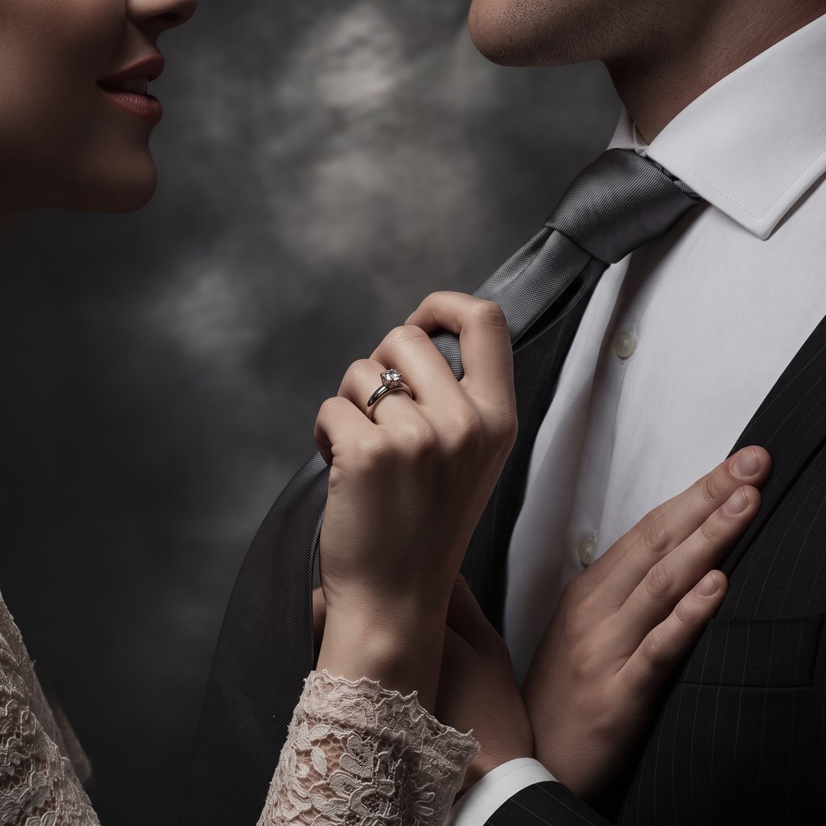 A smiling wife with a diamond ring pulls her husband toward her by his grey silk necktie against a smoky grey backdrop, the kind of spark this guide to spicing up your marriage brings back.