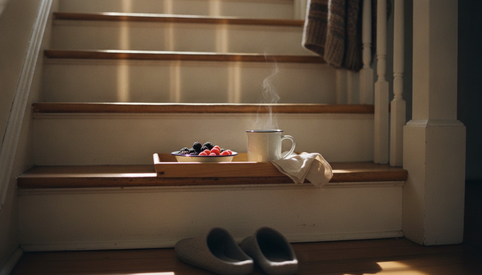 A wooden breakfast tray with a steaming mug and a dish of berries left on a stair tread in early morning sun, with slippers on the floor below