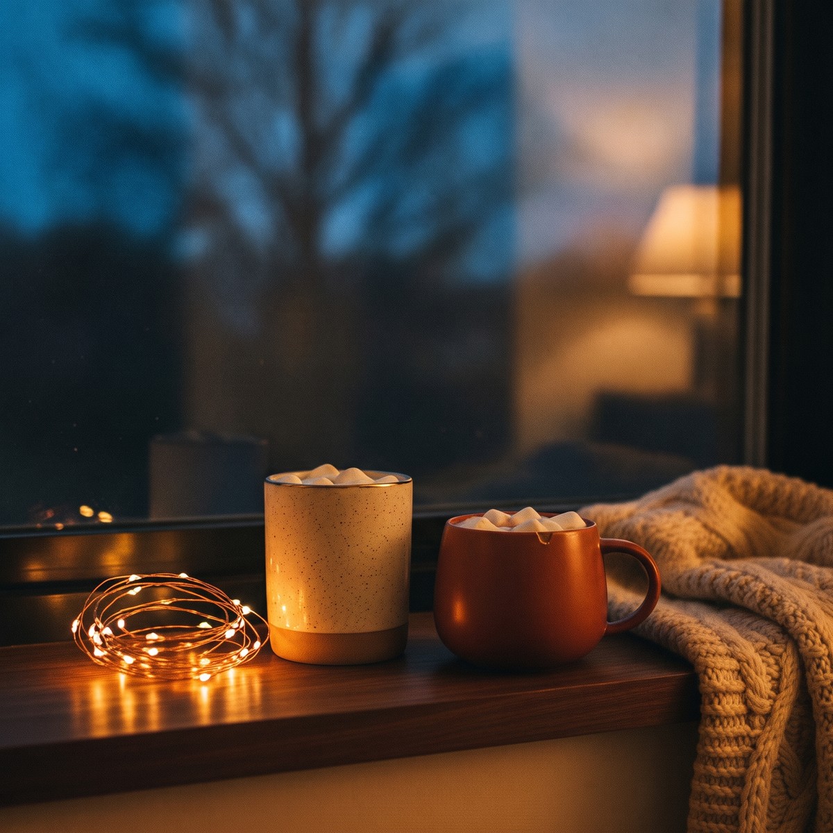 Two mismatched mugs of hot cocoa topped with marshmallows sit beside a glowing coil of fairy lights and a cream knit blanket on a walnut windowsill at dusk, an indoor date set up at home.