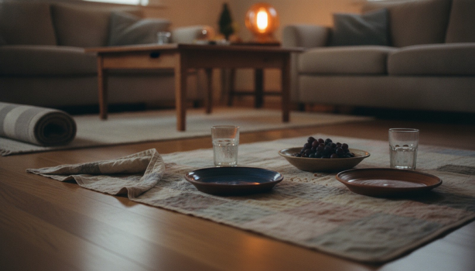 A folded quilt spread across a living room floor with two ceramic plates, a bowl of grapes, and a lamp glowing behind an emptied coffee table