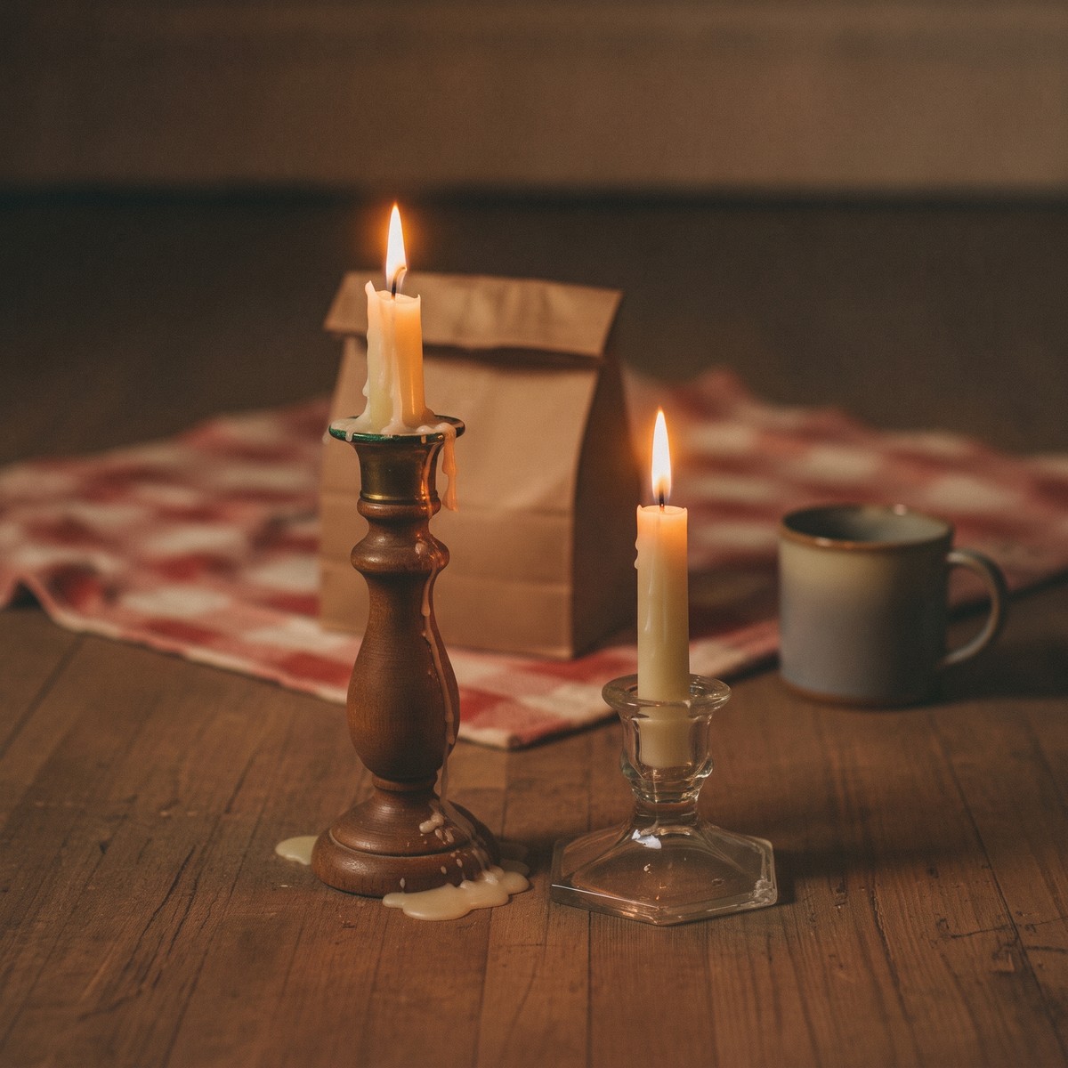 Two mismatched thrift-store candlesticks holding lit ivory taper candles with wax pooling on a bare wood floor, a rolled-top kraft takeout bag and a red-and-white checked picnic blanket behind them, staged for an inexpensive date night at home.