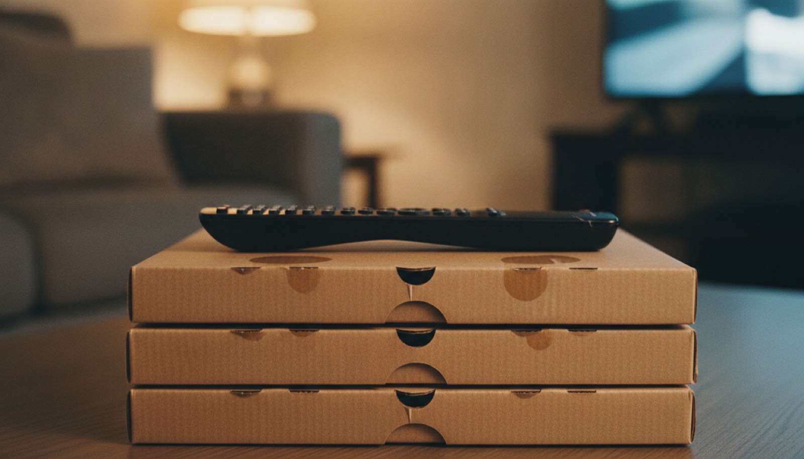 Three identical flattened cardboard pizza boxes stacked on a living room coffee table with a worn television remote resting on top